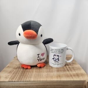 Charming Penguin Plush and Mug Set - Black, White, Orange